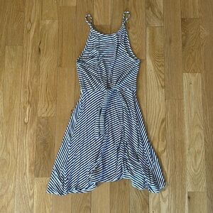 White and navy striped sundress with knot detail on front